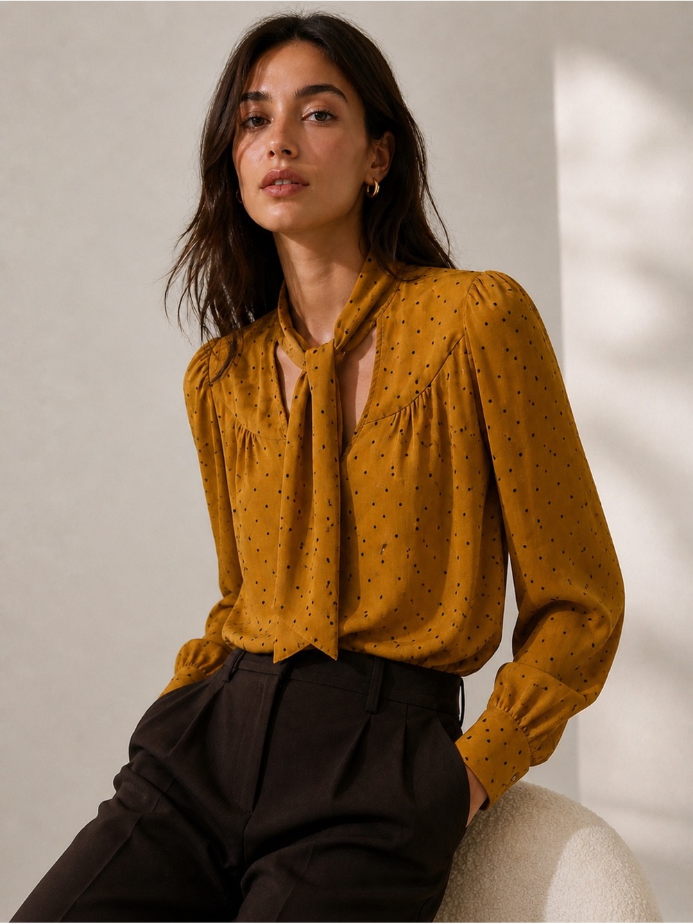 Gilli Mustard Polka Dot Tie-Neck Blouse | Aritzia Core Chic | Flowy Minimalist